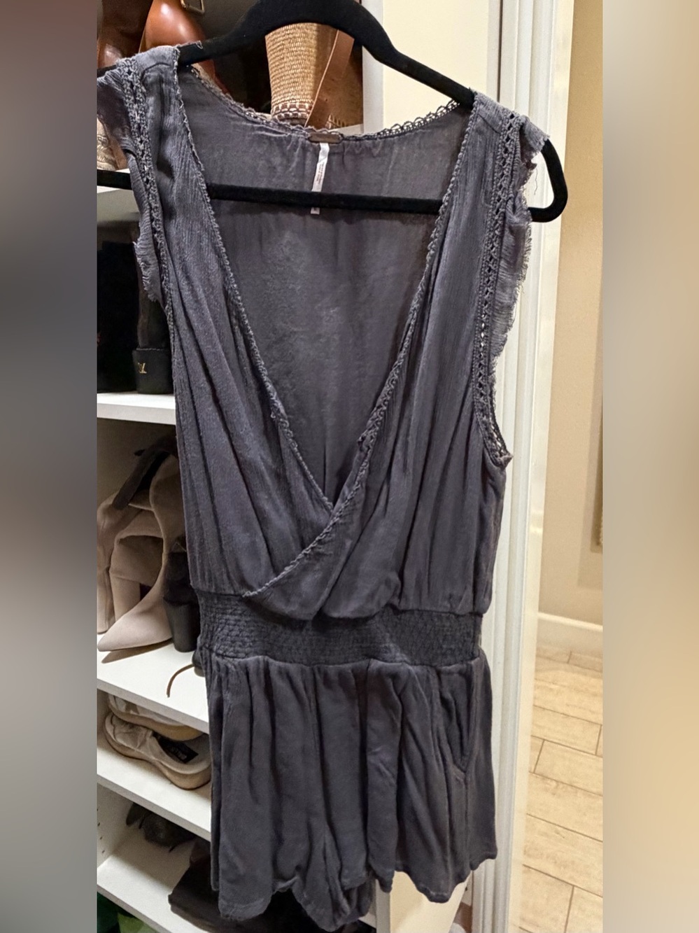 Free People Sleeveless Deep V Smocked Waist Women's shorts Romper - Gray